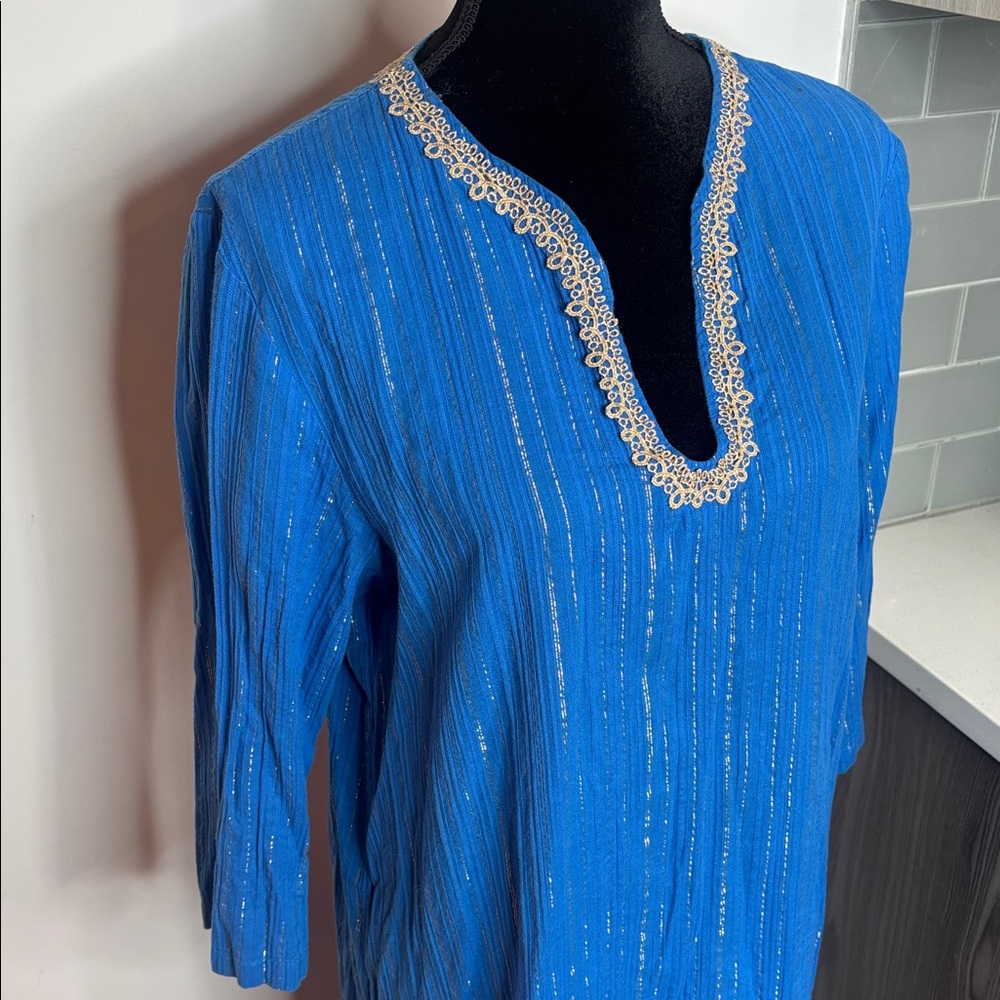 #459 (Lilly Pulitzer) “Esme” Lurex Crinkle Crepe Tunic Dress in Blue & Gold - XL - Picture 5 of 14